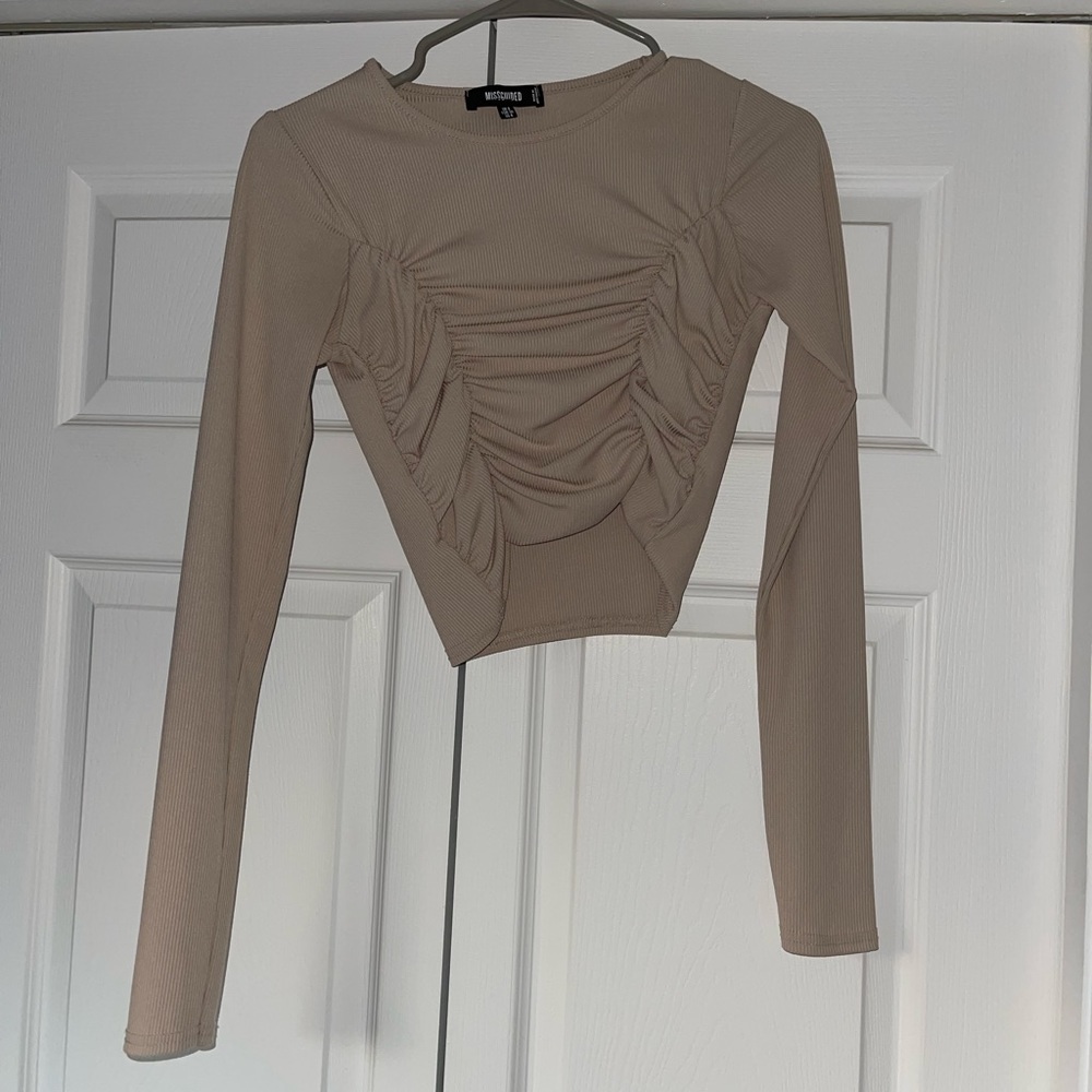 missguided tan long cropped shirt